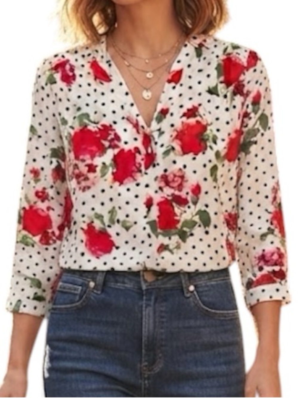 BOHO CASUAL Ivory Rose Polka Dot Crop Sleeve Blouse M